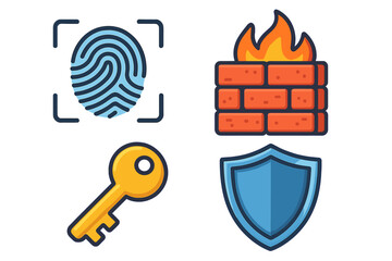 Cybersecurity vector icon set with digital security symbols. Flat cartoon illustration of fingerprint scanner, firewall, access key, and protection shield for data privacy concepts.