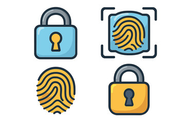 Set of digital security icons with padlocks and fingerprints. Concept for data protection, privacy management, and biometric authentication solutions. Vector cartoon illustration.