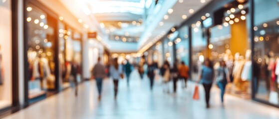 A blurred view of people walking and shopping inside a brightly lit, modern indoor mall with store displays on both sides