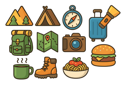 Travel camping icon set vector. Outdoor adventure, hiking equipment symbols. Exploration, tourism concept collection. Mountain, tent, compass, backpack, map, boot, camera, food icons.
