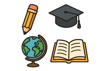 Education and knowledge vector icon set. School symbols collection. Graduation cap, book, pencil, globe. Learning, study, university, college, academic, science concept design.