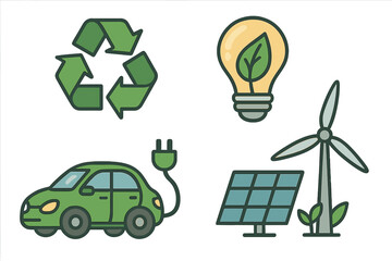 Vector icon set for energy conservation and renewable resources. Eco friendly symbols like recycling, electric car, wind turbine, solar panel and green energy light bulb illustration.