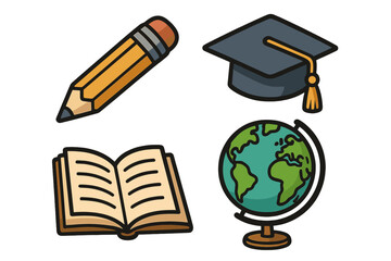 Education icon set with pencil, book, globe, and graduation cap. Academic vector symbols for school, university, and knowledge. Cartoon illustration for online learning.