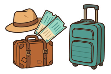 Travel essentials vector cartoon set. Vintage suitcase, modern trolley luggage, summer hat, and boarding pass tickets. Vacation, journey, and adventure concept illustration.
