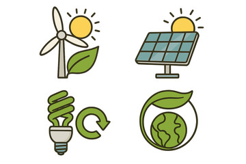 Renewable energy vector icon set. Wind turbine, solar panel, recycle symbol. Green energy, sustainability, and ecology concept. Clean technology for a greener future.