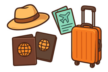 Essential travel items for a perfect adventure or vacation. Vector cartoon set with luggage, hat, passports, and flight tickets. Tourism and holiday journey concept.