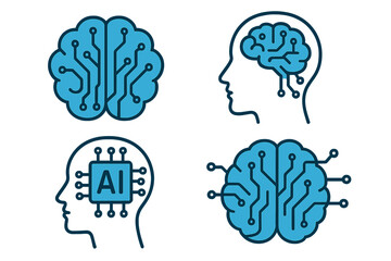 Artificial intelligence icon set. AI technology concept with a digital brain and head silhouette. Machine learning, neural network, and tech processor chip vector graphic.