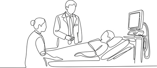 Continuous line art of doctor and nurse attending patient in hospital bed, medical care, healthcare teamwork, modern minimalist illustration, hospital scene, health monitoring