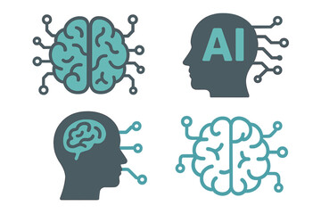 Artificial Intelligence icon set. AI concept with brain and circuit board. Technology, machine learning, neural network. Head silhouette. Vector illustration for data science.