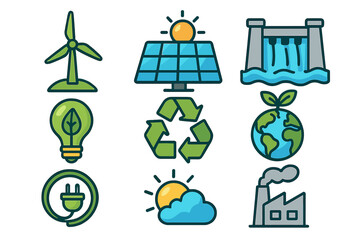Renewable energy icon set. Green power sources, ecology and environment concept. Vector collection of solar panel, wind turbine, hydro dam, recycle symbol, earth. Eco-friendly.