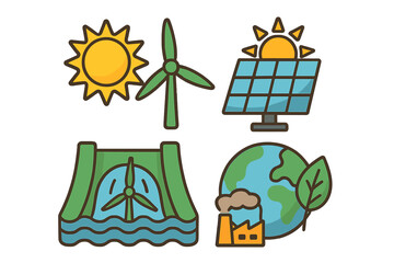 Renewable energy icons. Green power. Solar, wind, water. Sun, panel, turbine, dam. Ecology concept. Environment. Pollution. Climate change. Sustainable. Eco. Vector illustration.