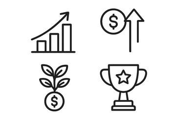 Business growth and success icon set. Vector outline illustration. Financial profit, investment return, award trophy, and data chart symbols. Minimalist design elements.