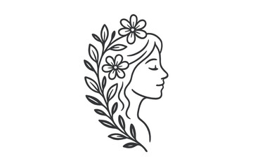 Elegant woman face profile with flowers and leaves in hair. Hand drawn botanical line art logo for beauty, spa, salon, natural cosmetics. Feminine, organic, wellness vector.
