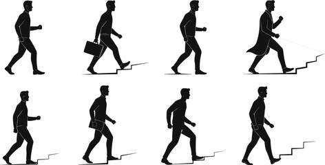 Businessman silhouette walking, climbing stairs, career growth, personal development, goal achievement, success journey, motivation, progress, ambition, determination