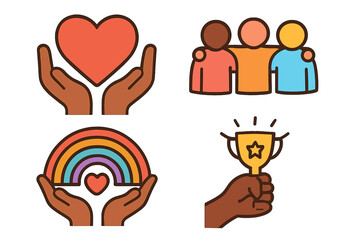 Diverse inclusion icon set. Community, teamwork, and friendship symbols. Vector illustration of charity, support, love, and pride. Hands holding heart and rainbow. Success trophy.