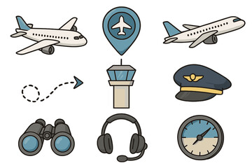 Aviation icon set for air travel design. Vector cartoon illustration of airplane, pilot hat, airport control tower, navigation pin, flight route, headset, and gauge symbols.