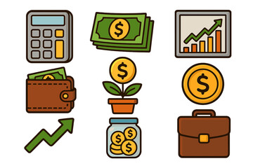 Finance icon set for business and personal management. Vector icons for investment, money growth, savings, profit, and budget. Cartoon illustration of financial tools concepts.