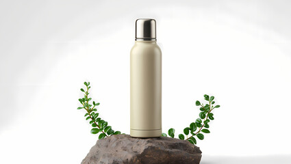 Elegant beige reusable water bottle isolated on white background, displayed on a natural stone with fresh green leaves, promoting sustainability