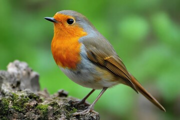 A small bird with an orange breast and face perches on a mossy log against a blurred green background