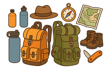 Hiking gear essentials for outdoor adventure preparation. Backpack, compass, map, boots, knife, water bottle set. Vector cartoon illustration for camping, trekking, travel.