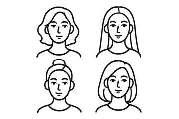 Woman face line art icon set. Collection of female portraits with different hairstyles. Vector for beauty salon, spa logo. Simple modern avatar profile picture characters.