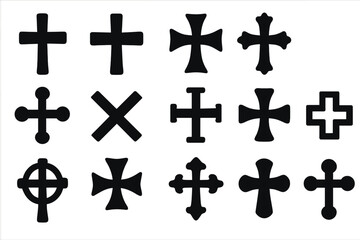 Christian cross symbols collection. Black religious icons set. Various crucifix shapes, catholic, orthodox and celtic signs. Faith and spiritual symbols for design. Vector.