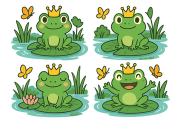 Cute frog prince cartoon character set. Fairytale green frogs with crowns on lily pads in a pond. Happy royal amphibian vector illustration collection with butterflies.