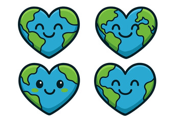 Set of cute heart-shaped Earth characters. Love the planet concept for Earth Day. Eco-friendly mascot for environmental conservation and ecology awareness. Vector cartoon illustration.