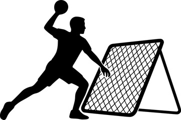 Black and white vector silhouette of a tchoukball player throwing the ball at the frame, minimalist team sports illustration for posters, prints, and graphic design