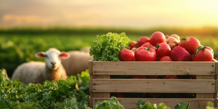 A wooden crate filled with fresh tomatoes, strawberries, and lettuce in a lush field, with a sheep grazing in the background under a golden sunset.