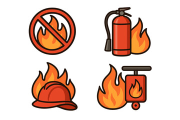 Fire safety icon set. Firefighter equipment cartoon collection. Fire extinguisher, helmet, no fire sign. Vector illustration for protection, emergency, hazard, and prevention.