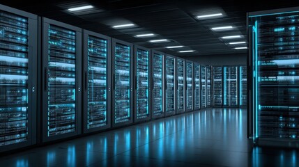 A modern data center with rows of illuminated server racks, glowing blue lights, and a polished, high-tech environment