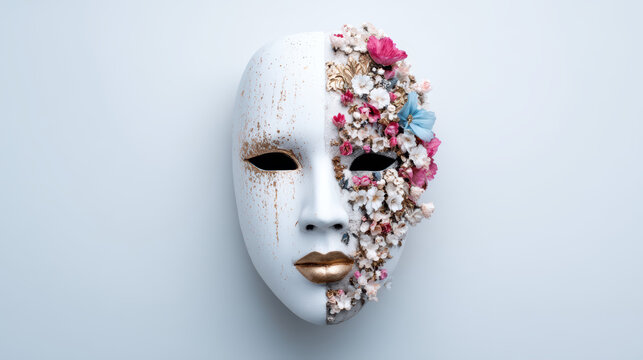 A half-white mask adorned with colorful flowers, symbolizing beauty and transformation, juxtaposing an artistic expression of human emotion.
