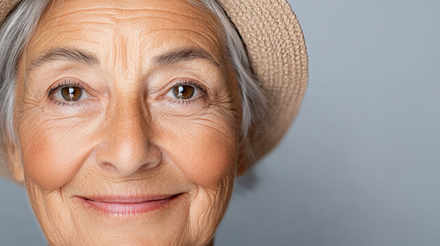 Smiling senior woman with wrinkles and gray hair wearing hat, showcasing wisdom and warmth - Powered by Adobe