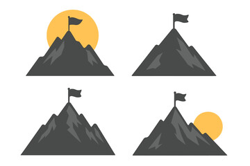 Mountain with flag on peak icon set. Symbol of success, goal, achievement, mission accomplished. Metaphor for business leadership, winning, victory, and reaching the top.