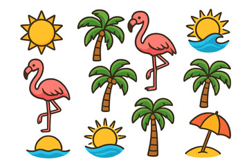 Summer beach icons with flamingos, palm trees, sunny waves, sun umbrella, sunset scenes, coastal tropical vibes, cartoon vector illustration, transparent background, vibrant coastal designs