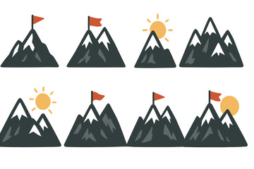 Mountain icon set with flag on peak and sun. Metaphor for success, goal achievement, mission accomplished, leadership, and reaching the top. Vector for business motivation.
