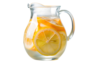 Glass pitcher with lemon and orange slices isolated on a transparent background carafe