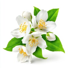 Obraz premium White jasmine flowers with vibrant green leaves and yellow stamens, beautifully arranged on a white background