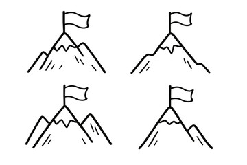 Mountain with flag on top icon set. Concept of success, goal achievement, victory and mission accomplishment. Business leadership and reaching the target summit. Line drawing.