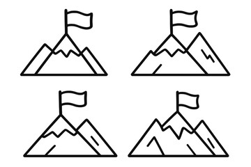 Mountain with flag icon set. Concept of success, goal achievement, and victory. Leadership and mission accomplished. Reaching the peak or summit. Business objective.