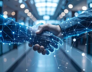 Two business professionals shaking hands, symbolizing a digital partnership with futuristic network connections overlayed.