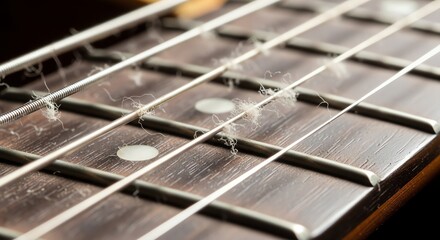 Macro Close-up of Dusty Guitar Strings and Fretboard with Visible Fuzz and Wear