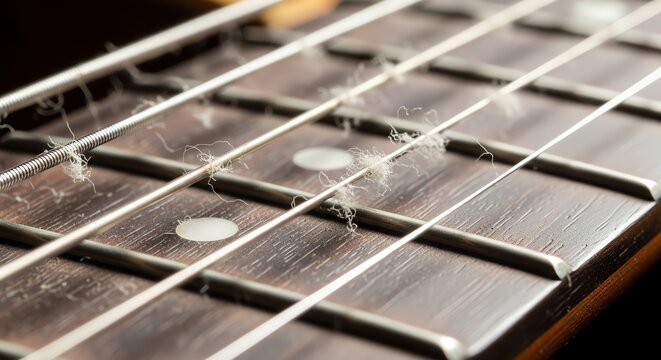 Macro Close-up of Dusty Guitar Strings and Fretboard with Visible Fuzz and Wear