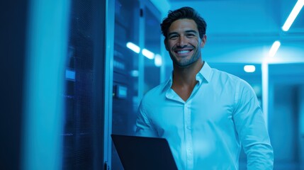 A smiling man in a white shirt holds a laptop in a modern, blue-lit server room, representing technology and IT professions