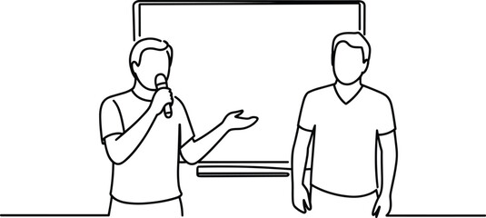 Continuous line art of two men presenting, public speaking, business presentation, teamwork, communication skills, training session, professional meeting, whiteboard, collaboration, leadership