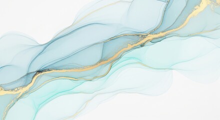 Abstract blue and gold alcohol ink wave on a white background