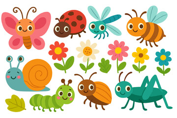 Cute cartoon insects and flowers set. Funny bugs character collection for kids. Butterfly, ladybug, bee, dragonfly, snail, caterpillar, grasshopper. Garden nature vector clip art.