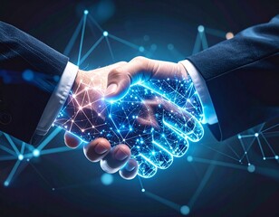Two business professionals shaking hands, symbolizing a digital partnership with glowing blue network connections.