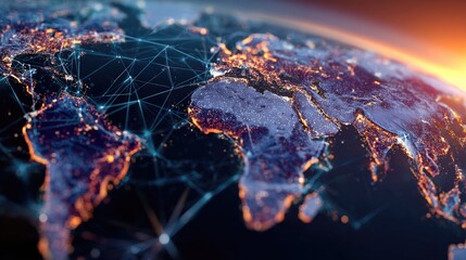 Global network, illuminated Earth.  Detailed 3D view of the world map, highlighting city lights and interconnected network lines.  Sunrise effect